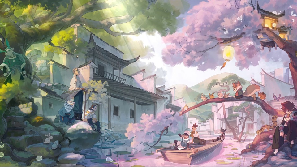 日系国风古建水乡插画，粉紫花树旁小舟载着人物，两岸分布着民居与小动物，暖光洒落河面浮着睡莲。