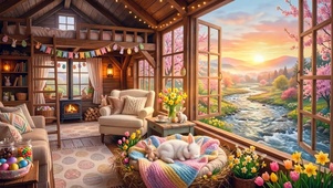 唯美春天山水木屋