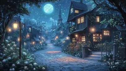 宁静圆月星空小镇街道