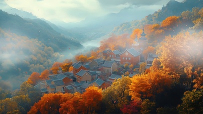 远眺秋日静谧山坡小镇