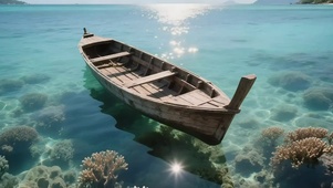 清新阳光海面木船