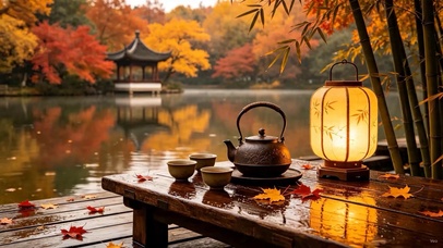 秋天湖畔品茶