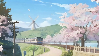 蓝天白云樱花树木火车带鱼屏双屏