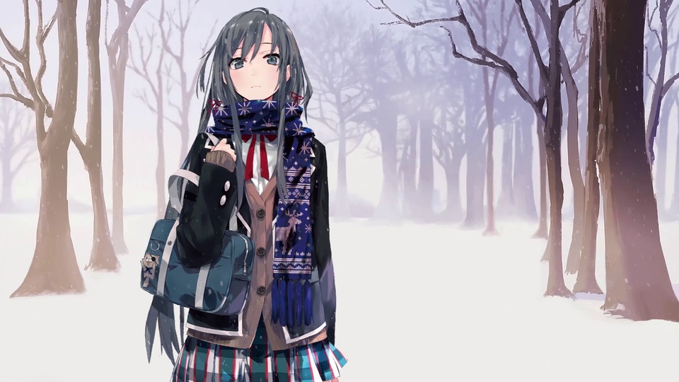 雪林中央的黑发少女，身着校服围着雪花纹样围巾，背景是朦胧落雪的树林