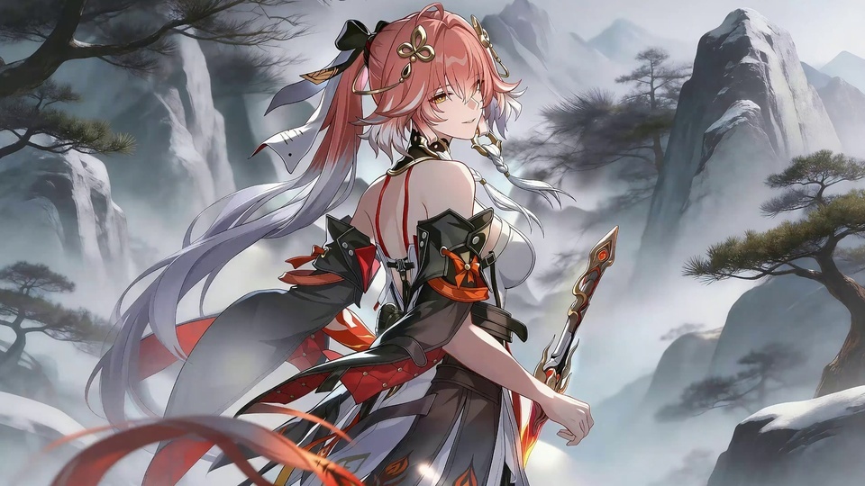 粉发渐变高马尾古风女子手持短刃，立于雾中覆雪奇峰与苍松之间