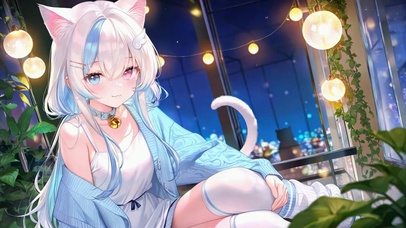 夜晚窗边猫耳异瞳美少女