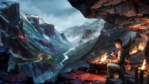 雨天治愈温暖篝火山谷星河