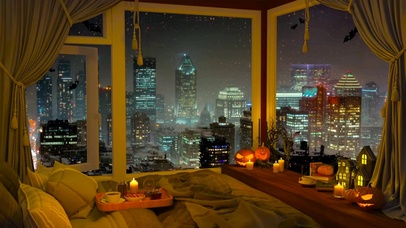 温馨雨天城市夜晚房间