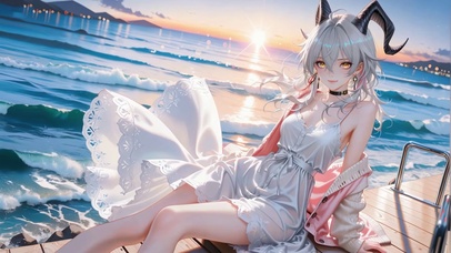 海边日落白裙少女赞妮