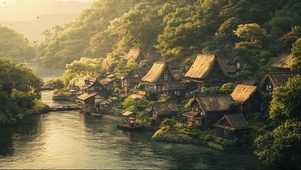 山谷溪流古风小镇建筑