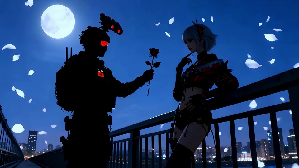 月夜蓝调大桥场景，剪影人偶递黑玫瑰给银发少女，夜空飘着白色花瓣，远处是亮灯的城市楼群。