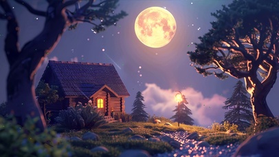 护眼夜景树木房屋