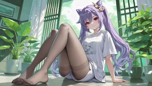窗边休闲紫发动漫美少女