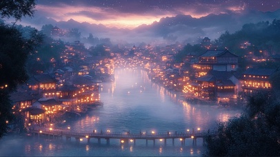 傍晚江河两岸古城夜景