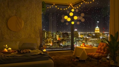 温馨都市夜晚雪天房间