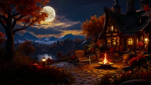 秋天月夜湖边