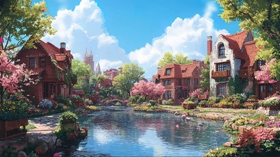 樱花童话村庄湖畔小屋