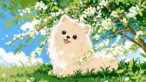 樱花树下可爱博美犬