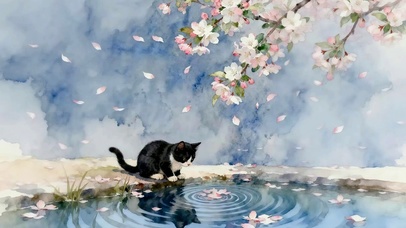 樱花池边黑猫
