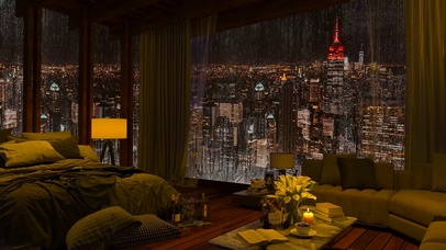 繁华都市雨天房间