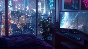 雨夜城市房间带鱼屏