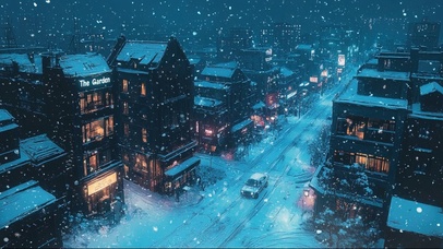 俯瞰夜晚城市冬日飘雪