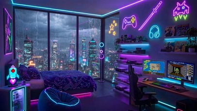 科幻霓虹城市雨夜房间