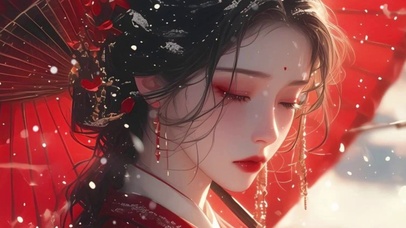 端庄女神唯美治愈红色油纸伞大气