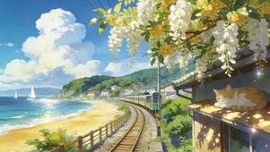 蓝天白云树木海景