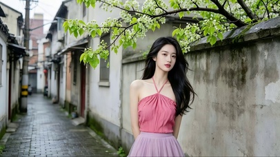 雨后小巷墙边拍照的性感美女1