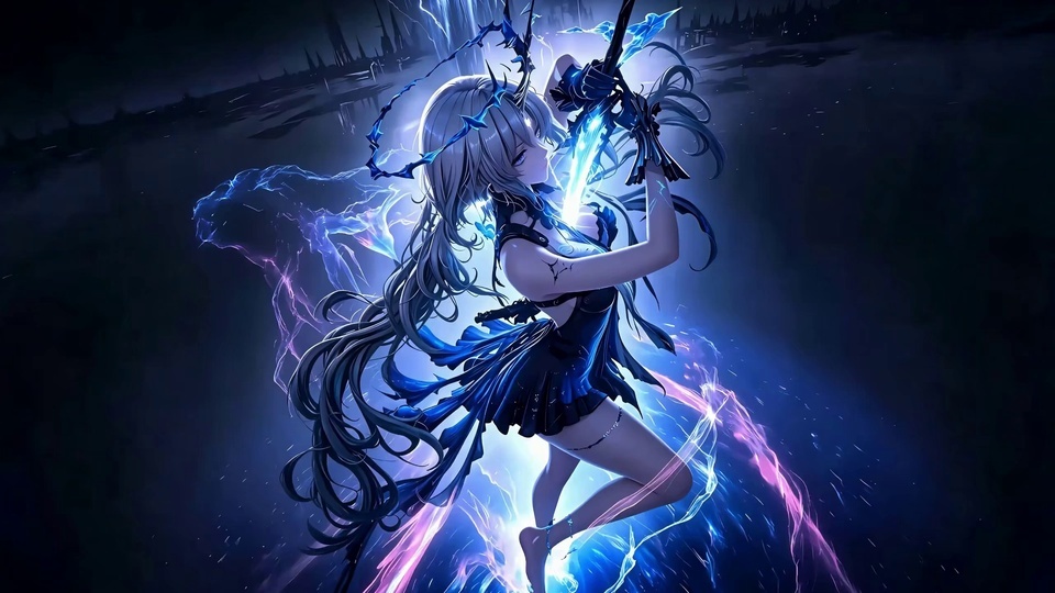 暗调背景中持蓝光长剑的蓝紫光影二次元少女插画