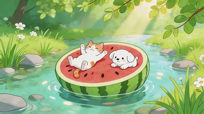 夏日河流西瓜猫咪狗狗