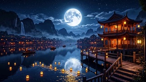 月夜水乡灯河