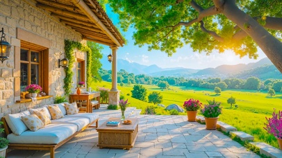 清晨日出山地小屋