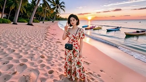 霞光下的海滩上比胜利手势的美女