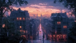 紫色晚霞静谧雨中城市