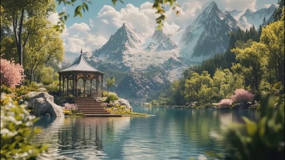 雪山脚下湖畔唯美古亭