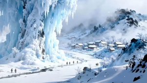 雪景树木房屋双屏