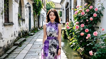 江南小河流经青石道上散步的美女