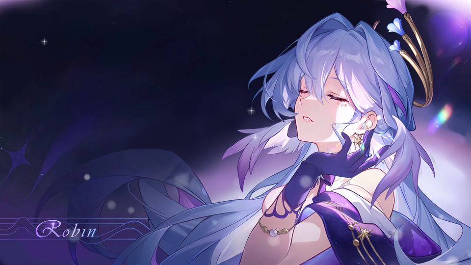 紫发闭眼少女配暗紫星空背景的二次元插画