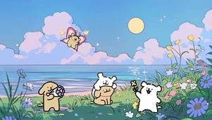 可爱线条插画小狗快乐海边卡通