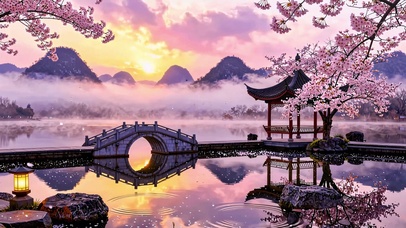 暮春桃花桥山湖