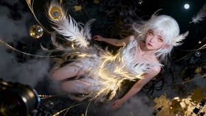 月光下的银发少女奇幻羽毛之境