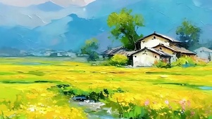 油画树木河流带鱼屏