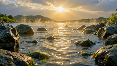 暖光夕阳河畔治愈风景