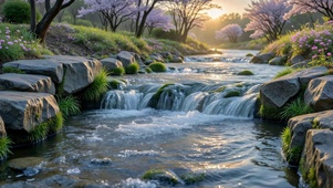 晨曦樱花溪流治愈风景