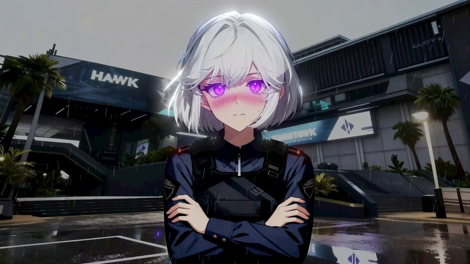 白发紫瞳制服少女抱臂站在雨后湿滑的城市街道，背景是带标识的现代建筑与棕榈树。