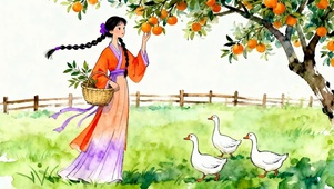 摘橘子女孩与鸭子