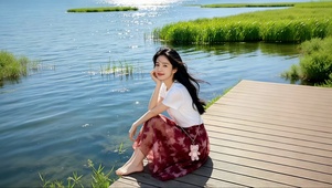湖边木栈道旁享休闲时光的美女