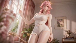 粉发少女的慵懒居家时光